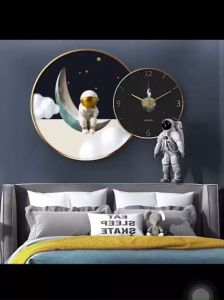 Bộ 2 Tranh Đồng Hồ Kim Trôi Tráng Gương Phi Hành Gia Sang Trọng Treo phòng khách phòng ngủ cho bé