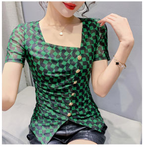 YIMEI Mỏng Mỏng Áo Không Đều Ý Nghĩa Thiết Kế Thời Trang Quảng Trường Cổ Hàng Đầu 2023 Mùa Hè Mới Ngắn Tay In Họa Tiết T-Shirt Phụ Nữ Của Thời Trang