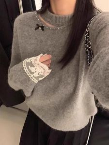 WANGGONGZHU | Elegant Lace Splice Knitted Base Shirt Women Spring Autumn Fashion Design Hollow Out Top Comfortable Fit Long Sleeve Round Neck