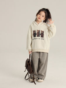 Spring 2025 Cute Cartoon Bear Hoodie for Girls Loose Fit Korean Style Childrens Clothing Cotton Material Spring Autumn Wear