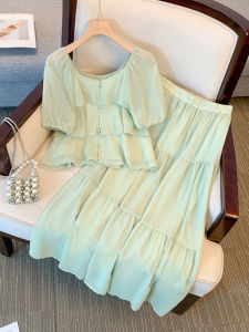 plus Size Summer Fashion Set Short Sleeve High Waist A-Line Skirt with Lace Trim Top And Bottom Womens Clothing Ensemble