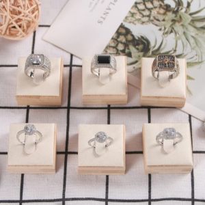 Bamboo Ring Holder Ring Square Ring Display Stands with Slate Gray Velvet Mat Wood Jewelry Display Storage Holding Organizer