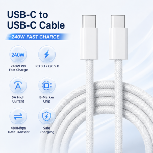 240W USB C to USB C Cable PD 3.1 5A Fast Charging Cord with E-Marker Chip Nylon Braided Type C Cable for Laptop Phone Tablet