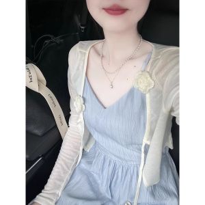 French Rose Knitted Cardigan Womens Summer Sun Protection Shoulder Shawl Short Style Outerwear Top with Sash Sweet Style