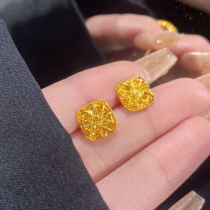 Gold Plated 999 Flashing Matte Small Square Sugar Earrings Womens Fashion Jewelry  Style Brand Other Sweet Style