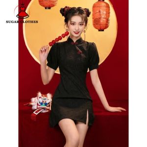 SUGAR Improved Cheongsam New Summer Young Girls Dress Temperament High End Black Short Stature