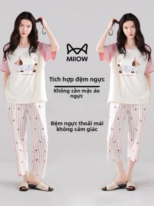 MiiOW | Bộ đồ ngủ cotton nguyên chất MiiOW dành cho nữ mùa hè tay ngắn quần dài năm mảnh có đệm ngực quần áo mặc nhà cotton nguyên chất