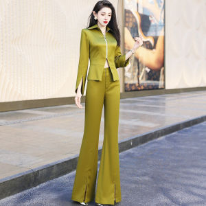 MUBEELE | Elegant Satin Womens Fashion Set With Slits And Flared Pants For Early Autumn Professional Look V-Neck Long Sleeve Vest