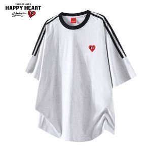 CHARLES JANGS HAPPY HEART | Colorblock Stripes Breathable Loose Short Sleeve T Shirt