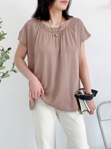 เสื้อเชิ้ตผ้าไหมฝ้ายแขนสั้นผู้หญิงฤดูร้อนแฟชั่นฝรั่งเศส ทรงสลิมฟิต ทรงบาง แขนสั้น ปกติ คอตั้ง สีพื้น