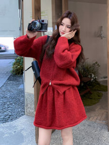 Red Korean Style Fashionable Short Skirt Set Womens Jacket And Half-length Mini Skirt Two-piece Suit Autumn Collection