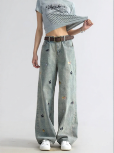 CHANT2nd | Dog Embroidery Stretchy Denim Pants