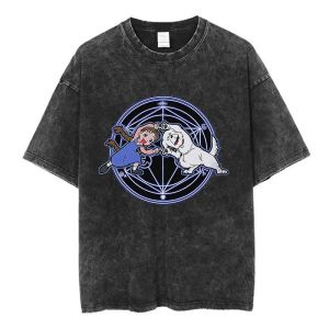 Bandai | Hot Sale Anime Peripherals Fullmetal Alchemist Graphic Print T-shirt Men Women Vintage Washed Cotton Top Summer New Tee