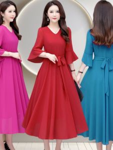 Chiffon Dress Belted Slimming Large Size Mom Bell Sleeve Elegance Maxi Beach Long Skirt V-neck Commute Style Spring Summer Autumn