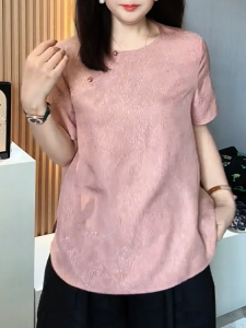 QINGNAER | Round Neck Short Sleeve Pink Elegant Plus Size Blouse