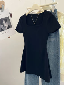 PAIBOLI | Large Size Waist Shaping Slash Neck Black Knitted Top