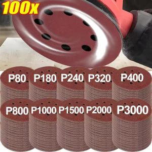 100x กระดาษทรายทรงกลมกระดาษทรายกาวห่วง8หลุมเครื่องมือขัดเงาล้อเจียรแผ่นขัดทรายกลมแบบสุ่มสำหรับงานไม้
