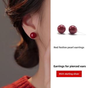 Ankela Red Ear Jewelry Pearl Earrings S925 Pure Silver Womens Vermilion Ear Decorations 2024 New round Shape Fashion Accessories