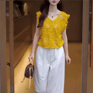 Shalldoer | Bộ đồ hai mảnh thời trang ngọt ngào mát mẻ cay nồng cổ chữ V quần dài thường ngày áo chui đầu mùa hè 2025 thương hiệu Xiangduor