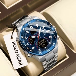 POEDAGAR Original Sports Men Wristwatch Week Date Waterproof LED Quartz Man Watch Stainless Steel Military Digital Mens Watches