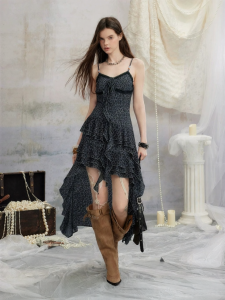 Unifree | Leopard Print Chiffon Irregular Lace Splicing Summer Dress