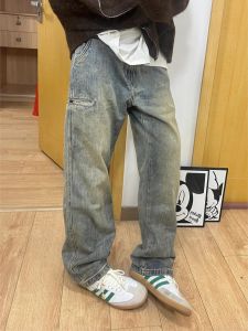 American High Street Vibe Style Retro Washed Worn Jeans Male Loose Straight Drooping Ins Fashion Brand Casual Pants