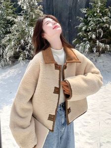 Double-Sided Wear Lamb Fur Suede Short Jacket Womens Autumn Winter Thickened Loose Fit Vintage Style Outerwear Top