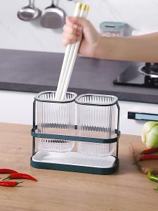 Wall-mounted Luxury Double Cutlery Tableware Holder Draining Cutlery Storage Box Rak Penyimpanan Kutleri 双筒餐具架