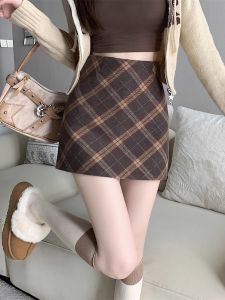 plus Size Tweed Mini Skirt Womens Thickened Spring Autumn Plaid A-Line Skirt High Waist Commuter Style Korean Version