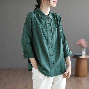 Womens Pure Cotton Long Sleeve Polo Neck Shirt Double Button Loose Design Spring Autumn Base Layer Shirt Commute Style