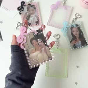 【S】1Pcs Glitter Clear Acrylic Photocard Holder Cute Bow Heart Keychain For Kpop Fans Display Idol Photos