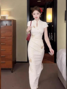 New Chinese Style White Qipao Dress Summer 2025 Split High Waist Elegant Ladys Gown Soft Fabric Short Sleeve Stand Collar