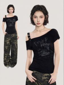 BAIDAIFEI | Áo Tunic Asymmetric Trễ Vai Đen
