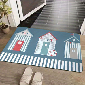 VIKAMA Cartoon Striped Beach Cabin Doormat Non-Slip Absorbent Indoor/Outdoor Entryway Mat Bathroom Rug Home Decor