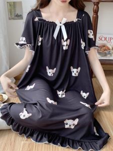 Mid Length Long Length Summer Pajamas for Women Ice Silk Fabric Short Sleeve Square Collar Animation Printed Design
