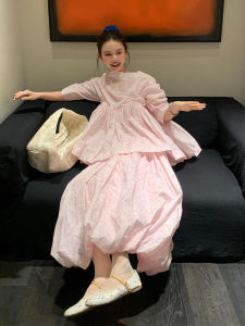 Pink round Neck Shirt And Flower Bud Dress Two Piece Set Womens Fashion Korean Style Autumn Collection Polyester Fiber