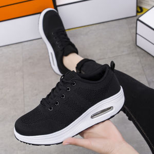Fly Woven Black Rubber Shoes For Women: Korean Hidden Wedge Jogging Shoes For Lady Slip-Non Running Chunky Sports Shoes
