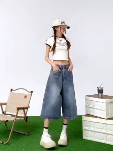 Lucky stars กางเกงยีนส์ขา6ส่วน สียีนส์ผ้าไม่ยืดนิ่มดีใส่สบาย วินเทจ แนวสวยสุดฮิตวัยรุ่นมากๆ