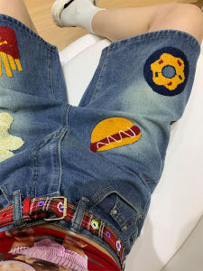 QIANCHANGNAAI | Burgers Fries Embroidered Design Plus Size Denim Shorts High Waist Loose Slim Fit