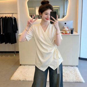 AIYITI | French Elegant V-neck Satin Short Sleeve Blouse