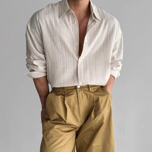 Áo Sơ Mi Nam Dài Tay Sọc Vải Lanh Nhẹ Thời Trang Sành Điệu Xuân Hè Màu Xanh Tiêu Chuẩn Phù Hợp Với Nút Lên