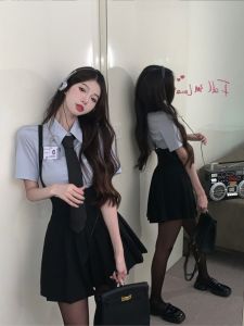 Sweety Hot Womens Fashion Suit Blue Two-Piece Set Summer Short Sleeve Pleated Skirt High Waist Casual K-Style Wardrobe