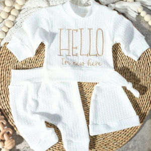 Ylsteed "Hello" Embroidery Newborn Photography Props Infant Romper Jumpsuit with Bow Hat Baby Coming Home Outfit Baby Photo Gift