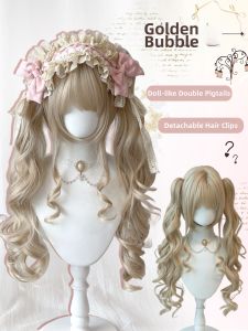Golden Synthetic Hair Long Wavy Full Wig Twin Tails Lolita Style