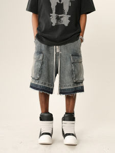 กางเกงขาสั้นยีนส์ทรงหลวมสำหรับผู้ชาย ทรงวินเทจ ทรงหลวม ทรงขาบาน 5 กระเป๋า กางเกงยีนส์ทรงหลวมสไตล์ไฮสตรีท