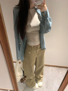 Khaki Wide Leg High Waist Jeans Womens Spring 2025 Slimming Design Long Trousers Straight Cut Denim Pants Casual Fashion