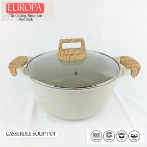 Leoshop888 Panci Casserole EUROPA Premium Granit Marble Anti Lengket Diecast Almunium 20Cm Tutup Kaca Cream