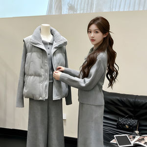 Shalldoer | Korean Style Gray Down Cotton Vest Winter Fashion Thick Coat Layering Knit Set