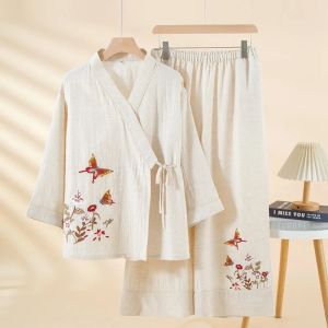 Solid Color Lyocell Cotton Linen Chinese Style Womens Pajamas Autumn Thin Long-sleeved Embroidered Home Clothes Kimono Pijamas
