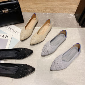 รองเท้าส้นแบนทรงหัวแหลมประดับเพชร ทรงส้นแบน รองเท้าแฟชั่นสำหรับผู้หญิง รองเท้าผ้าถักแบบสวมสบาย รองเท้าผ้าใบส้นแบน